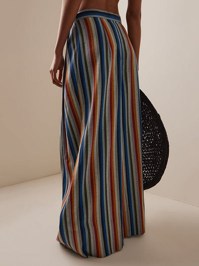 Loose Wide Leg Pleated Split-Joint Striped Pants Trousers