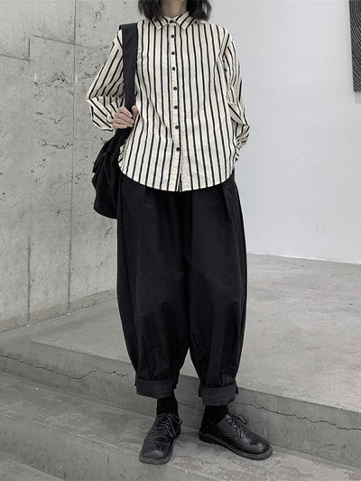 Harem Pants Loose Elasticity High-Waisted Pleated Solid Color Split-Joint Pants Trousers