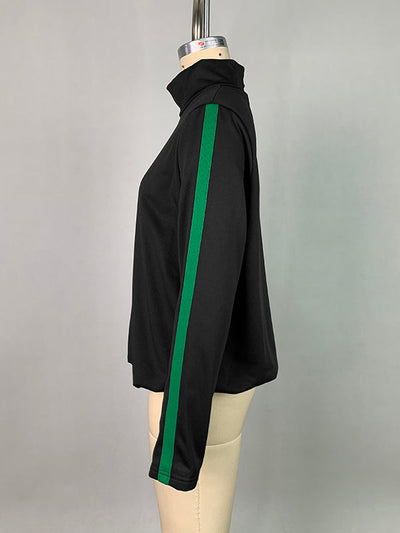 Long Sleeves Loose Buttoned Hollow Printed Split-Joint High Neck Sweatshirt Tops