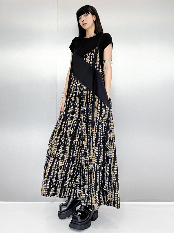 Loose Sleeveless Asymmetric Contrast Color Printed Split-Joint Spaghetti-Neck Overalls