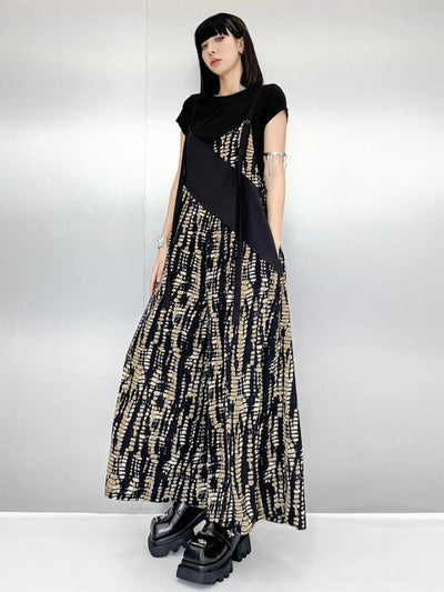 Loose Sleeveless Asymmetric Contrast Color Printed Split-Joint Spaghetti-Neck Overalls