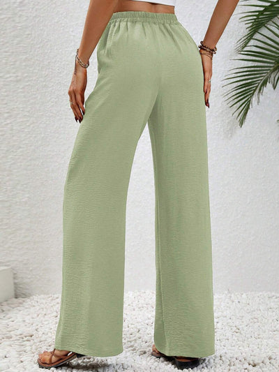 High Waisted Loose Elasticity Pleated Solid Color Tied Waist Pants Trousers