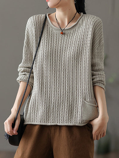 Artistic Retro Loose Long Sleeves Jacquard Solid Color Round-Neck Sweater Tops