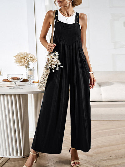 Loose Sleeveless Pleated Pockets Split-Joint Spaghetti-Neck Overalls