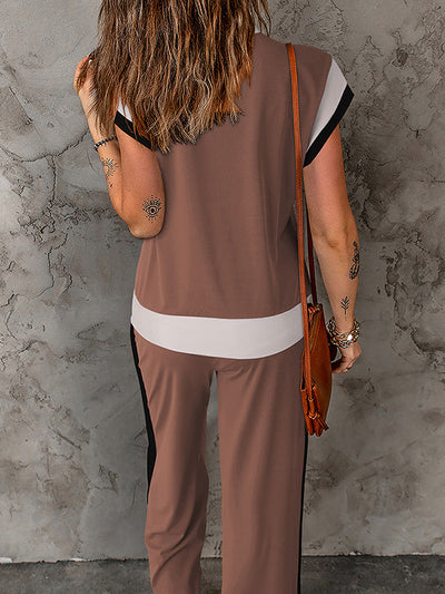Loose Raglan Sleeve Contrast Color Split-Joint Round-Neck T-Shirt Top + Elasticity Pockets Pants Bottom Two Pieces Set