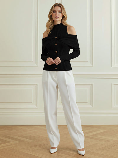 Long Sleeves Skinny Buttoned Pleated Ribbed Knit Cold Shoulder Knit Top