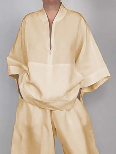 Long Sleeves Loose Solid Color Zipper V-Neck Shirts Tops