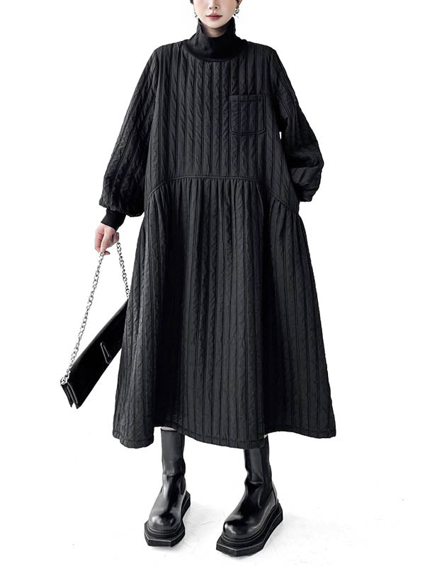 A-Line Long Sleeves Embossed Pockets Quilted Solid Color Split-Joint High Neck Midi Dresses Sweater Dresses