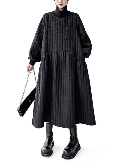A-Line Long Sleeves Embossed Pockets Quilted Solid Color Split-Joint High Neck Midi Dresses Sweater Dresses