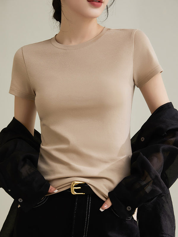 Short Sleeves Skinny Solid Color Round-neck T-Shirts Tops