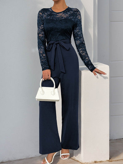 Column High Waisted See-Through Solid Color Split-Joint Tied Waist Round-Neck Jumpsuits