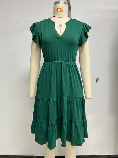 Loose Ruffle Sleeves Pleated Pockets Solid Color Split-Joint V-Neck Midi Dresses