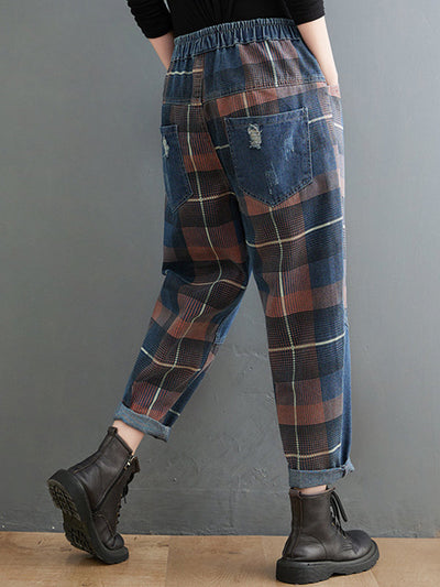 Original Artistic Retro Plaid Jean Pants