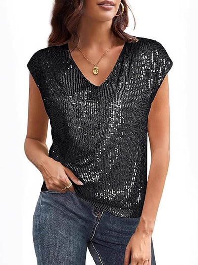 Loose Raglan Sleeve Sequined Solid Color V-Neck T-Shirts Tops