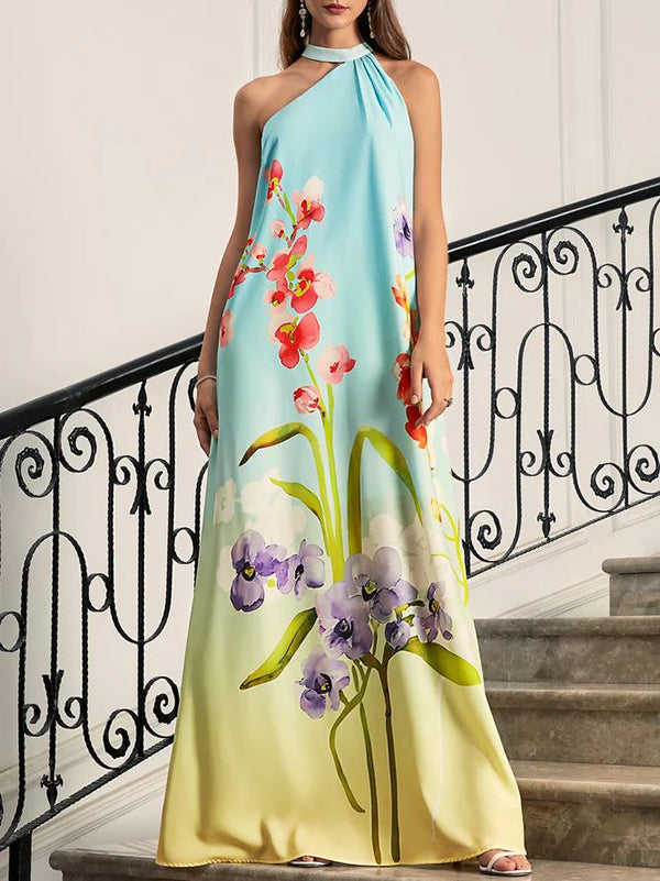 Loose Sleeveless Flower Print Pleated Halter-Neck Maxi Dresses