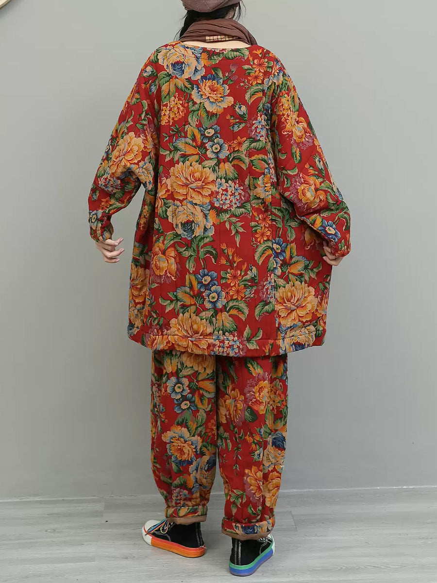 Women Vintage Winter Flower Cotton Padded Suits