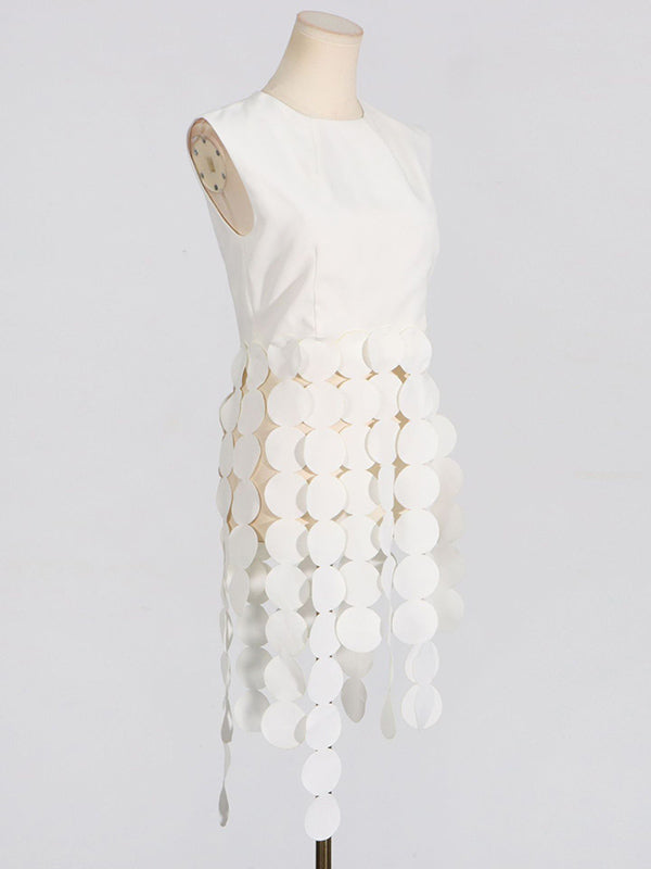 Sleeveless Polka-Dot Solid Color Split-Joint Tasseled Round-Neck Vest Top