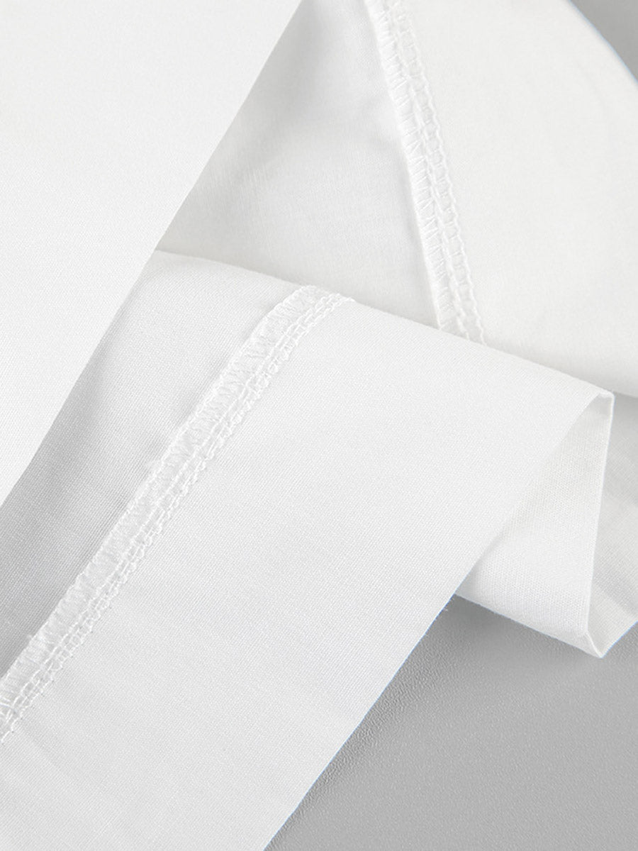 Elasticated Waist High Waisted Pleated Solid Color Split-Joint Tied Waist Round-Neck Blouses&Shirts Tops