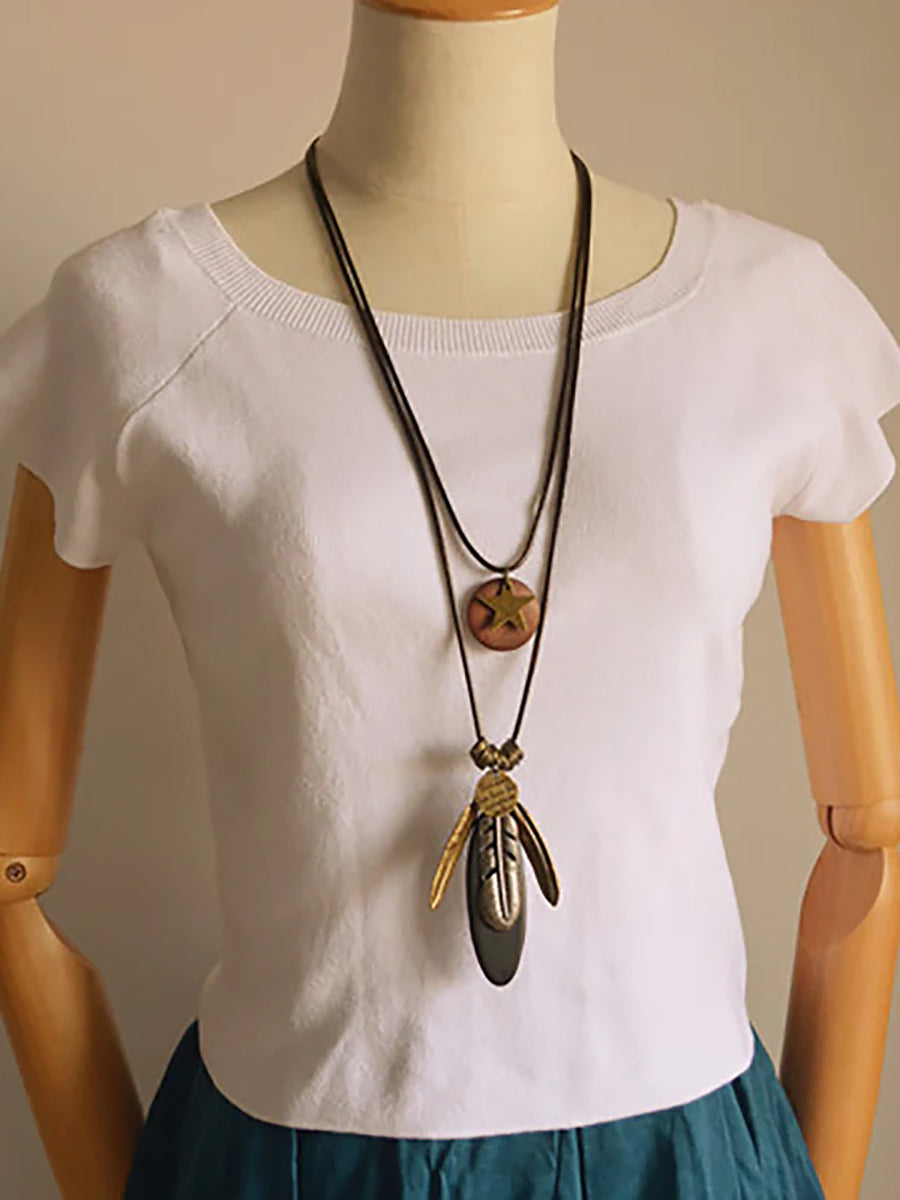 Wool Feathers Tassel Sweater Chain Necklace