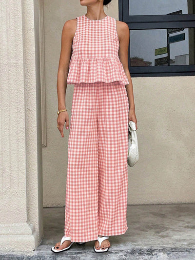 A-Line Loose Plaid Pleated Split-Joint Round-Neck Vest Top + Pants Bottom Suits