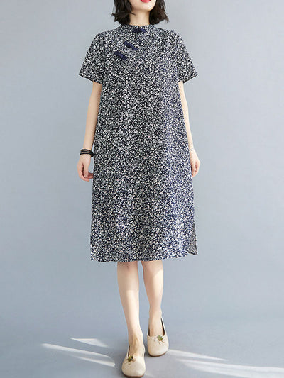 Artistic Retro Floral Printed Stand Collar Short Sleeves Cheongsam Midi Dress