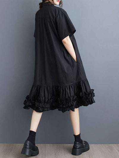 Half Sleeves Loose Buttoned Pleated Ruffled Solid Color Lapel Midi Dresses Shirt Dress