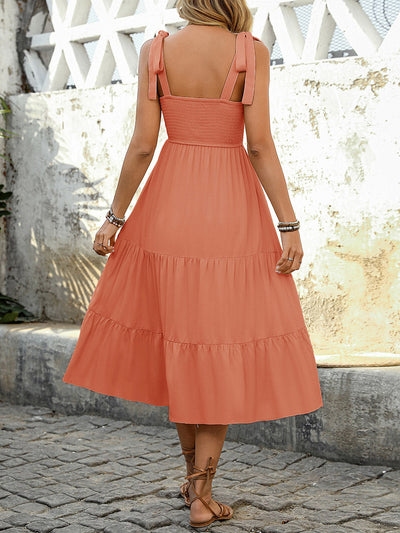A-Line High Waisted Contrast Color Jacquard Pleated Split-Joint Adjustable Straps Midi Dresses