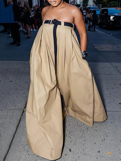 Loose Sleeveless Belted Pleated Pockets Solid Color Tube Jumpsuits