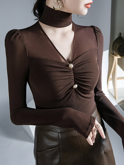 Long Sleeves Skinny Mesh Pleated Solid Color V-Neck T-Shirts Tops