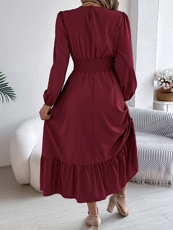 A-Line Elasticated Waist Pleated Solid Color Round-Neck Maxi Dresses