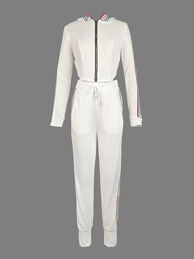 Long Sleeves Letter Print Split-Side Zipper Hooded Jackets+Pants Two Pieces Set