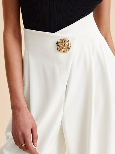 High Waisted Loose Buttoned Pleated Solid Color Pants Trousers