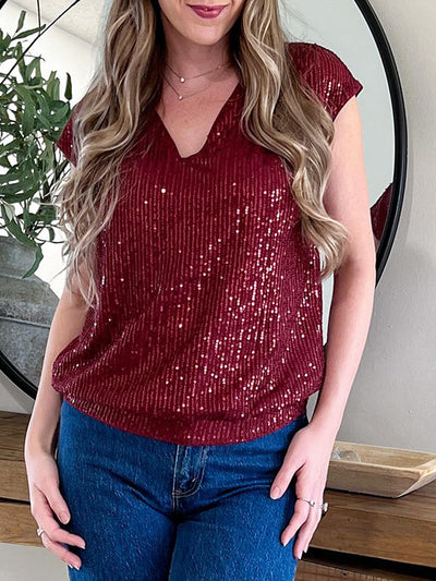 Batwing Sleeves Loose Sequined Shiny V-Neck T-Shirts Tops