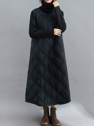 Simple Split-Joint High-Neck H-Line Quilted Midi Dress