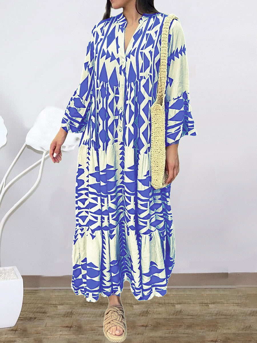 A-Line Long Sleeves Buttoned Contrast Color Pleated Printed Split-Joint Stand Collar Maxi Dresses Shirt Dress