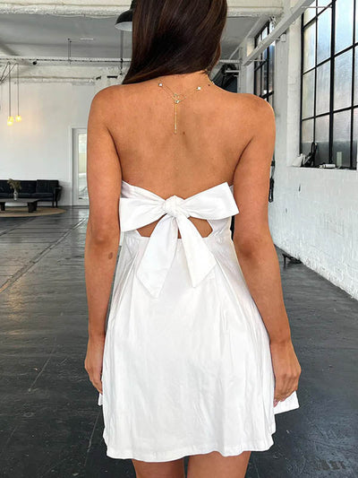 A-Line Loose Backless Pleated Solid Color Split-Joint Tied Tube Mini Dresses