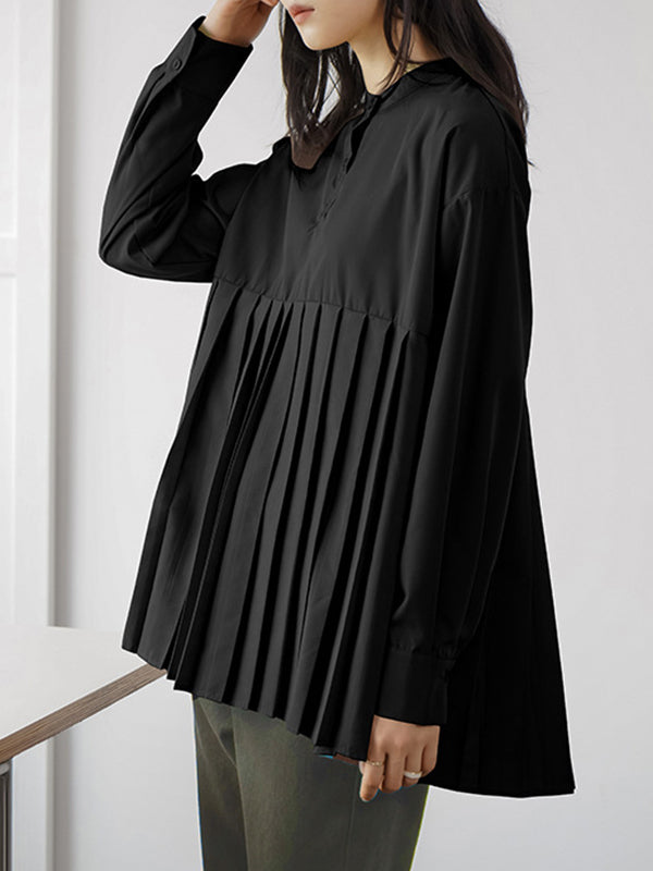 Long Sleeves Loose Buttoned Pleated Solid Color Round-Neck Blouses&Shirts Tops