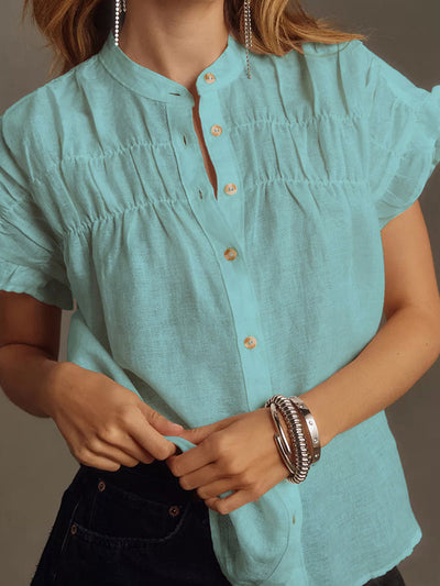 Loose Short Sleeves Pleated Ruffled See-Through Split-Joint Round-Neck Blouses&Shirts Tops