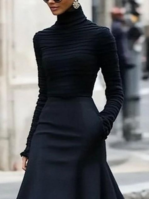 Long Sleeves Skinny Pleated Solid Color Split-Joint High Neck T-Shirts