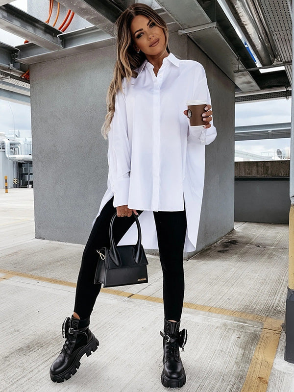 Urban Long Sleeves High-Low Solid Color Lapel Collar Blouses