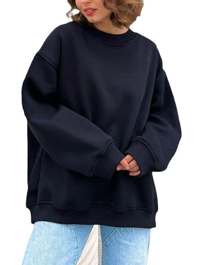 Long Sleeves Loose Solid Color Round-Neck Sweatshirt Tops
