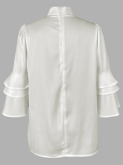 Half Sleeves Loose Layered Pleated Solid Color Split-Joint Mock Neck Blouses&Shirts Tops