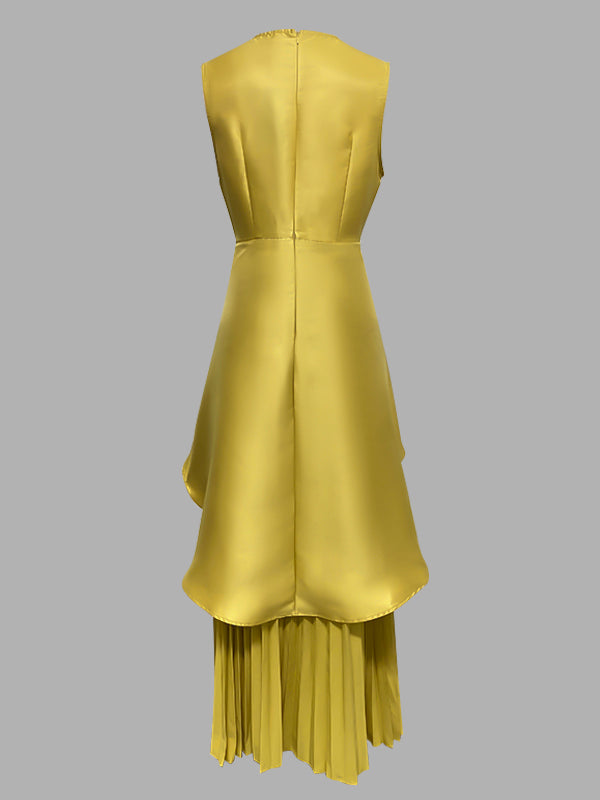 A-Line Loose Pleated Solid Color Split-Joint Tiered Round-Neck Evening Dresses Maxi Dresses