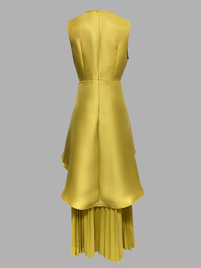 A-Line Loose Pleated Solid Color Split-Joint Tiered Round-Neck Evening Dresses Maxi Dresses