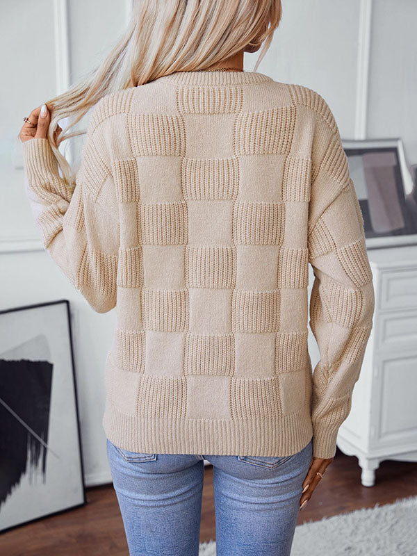 Long Sleeves Loose Solid Color Split-Joint Round-Neck Pullovers Sweater Tops