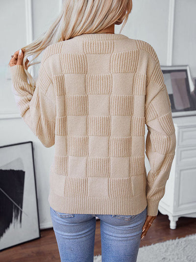 Long Sleeves Loose Solid Color Split-Joint Round-Neck Pullovers Sweater Tops