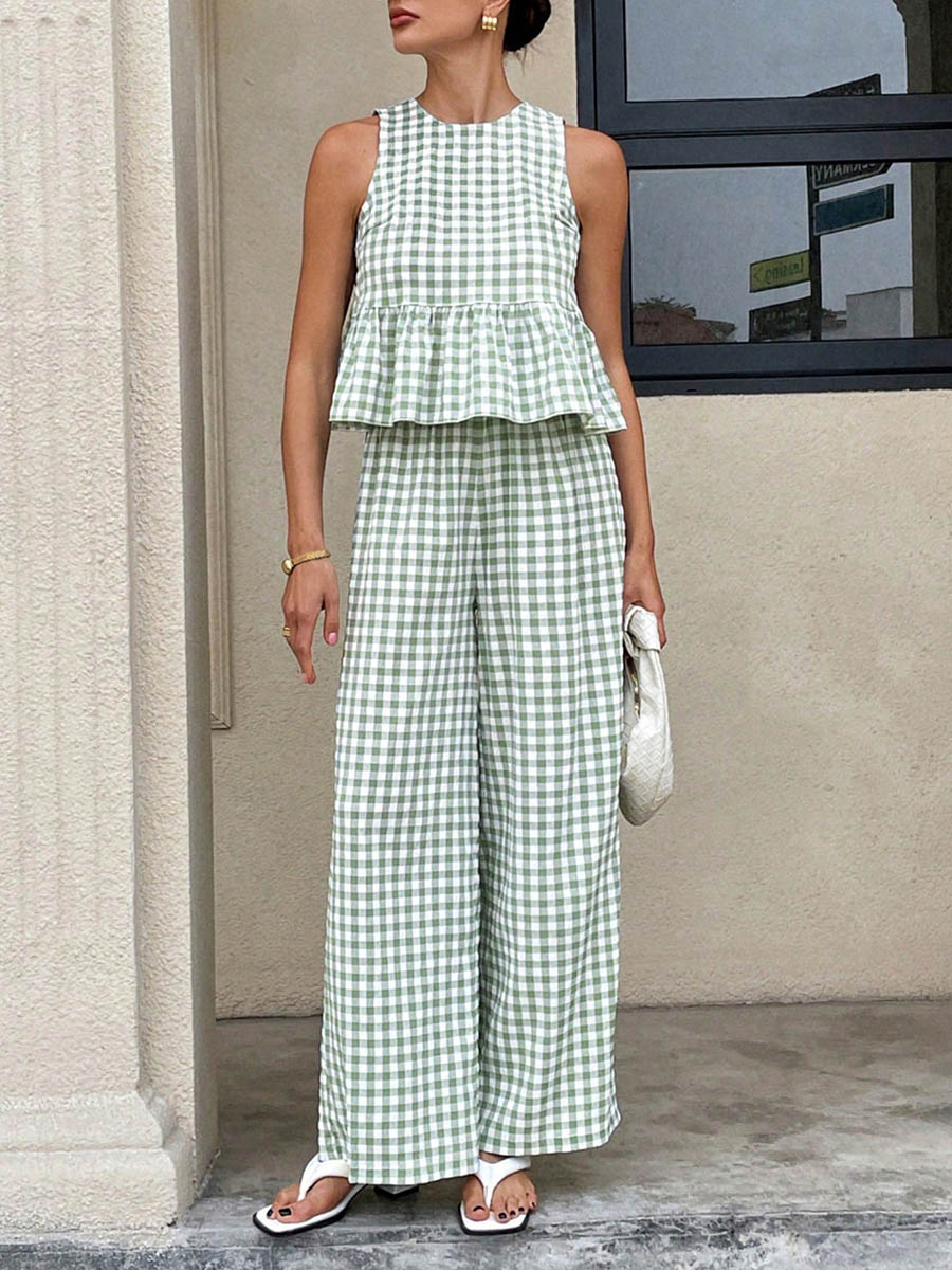 A-Line Loose Plaid Pleated Split-Joint Round-Neck Vest Top + Pants Bottom Suits
