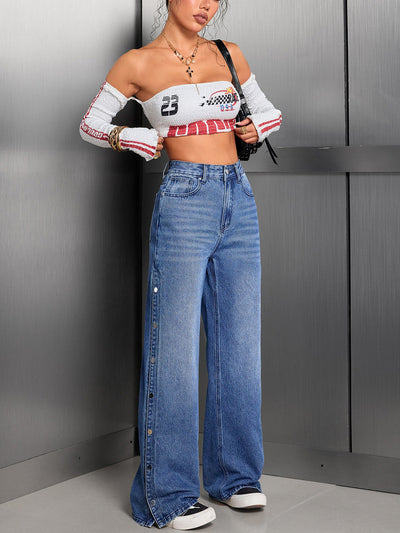 High Waisted Wide Leg Buttoned Pockets Solid Color Jean Pants Bottoms