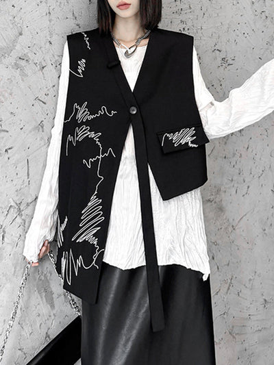 Sleeveless Asymmetric Buttoned Embroidered V-Neck Vest Top