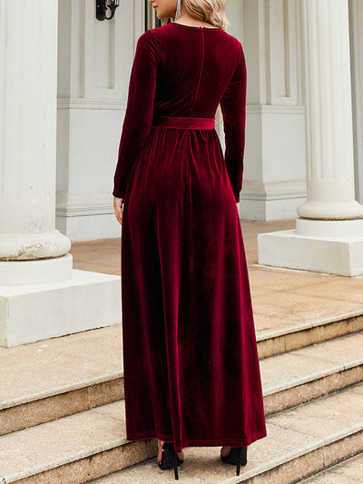 Long Sleeves Wrap Belted Pleated Solid Color Zipper Round-Neck Maxi Dresses